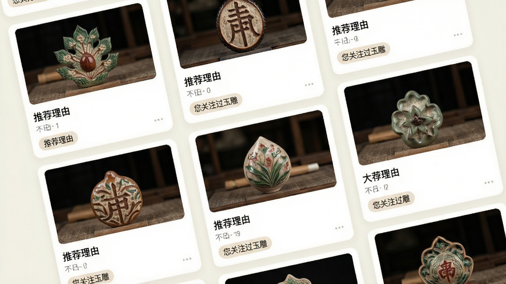 主体:匠人百科APP的个性化推荐界面,展示多张工艺作品卡片;布局:瀑布流式排列,每张卡片包含作品图和名称;排版:错落有致,视觉焦点分散;风格:清新素雅,浅色背景;细节:卡片下方有“推荐理由”标签,如“您关注过玉雕”;画质:高清渲染,干净无多余元素。