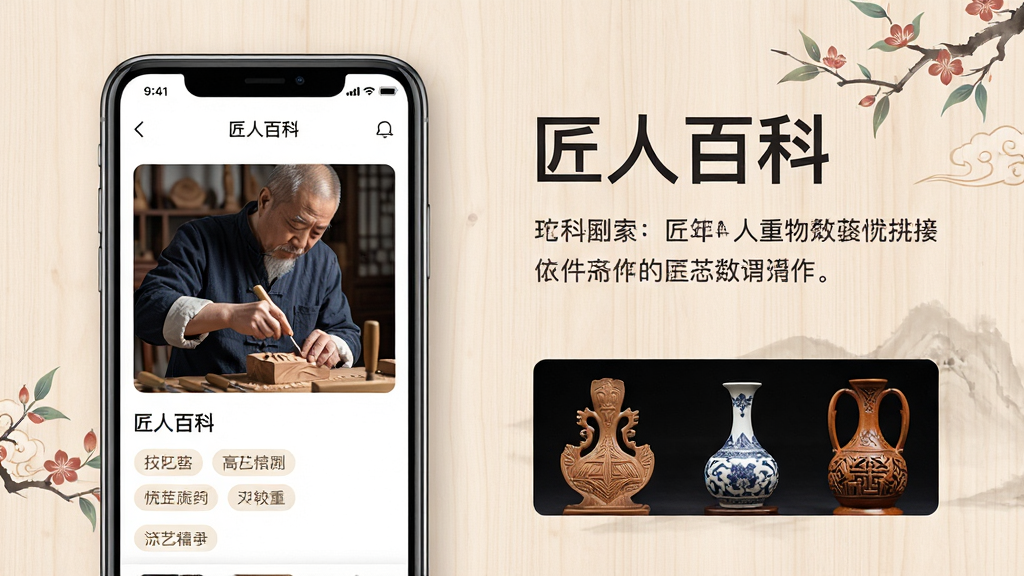 主体:匠人百科软件界面展示,手机屏幕显示一位雕刻师的作品详情页;布局:左侧手机模型,右侧文字介绍“匠人百科”,下方排列代表性手工艺品;排版:简洁现代,信息层级分明;风格:中国风与现代UI结合,淡雅木色背景;细节:屏幕内可见匠人姓名、作品图片、技艺标签;画质:高清渲染,干净无多余元素。