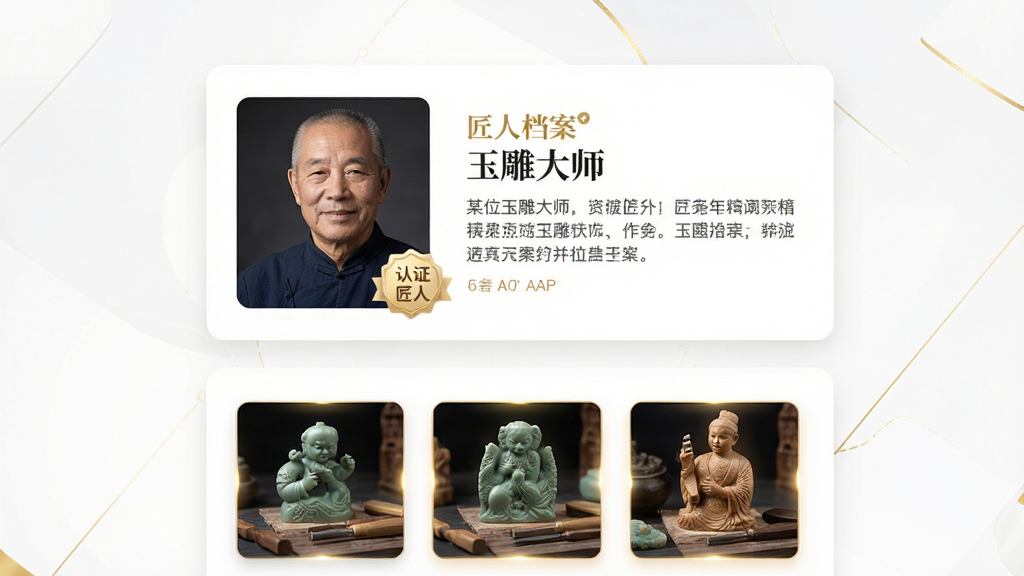 主体:匠人百科APP内的匠人档案页面,展示某位玉雕大师的头像与简介;布局:上方为匠人照片与姓名,下方为资历与作品缩略图;排版:卡片式布局,清晰易读;风格:简约商务风,白色背景配金色点缀;细节:头像旁有“认证匠人”徽章,作品缩略图带光影效果;画质:高清画质,干净无多余元素。