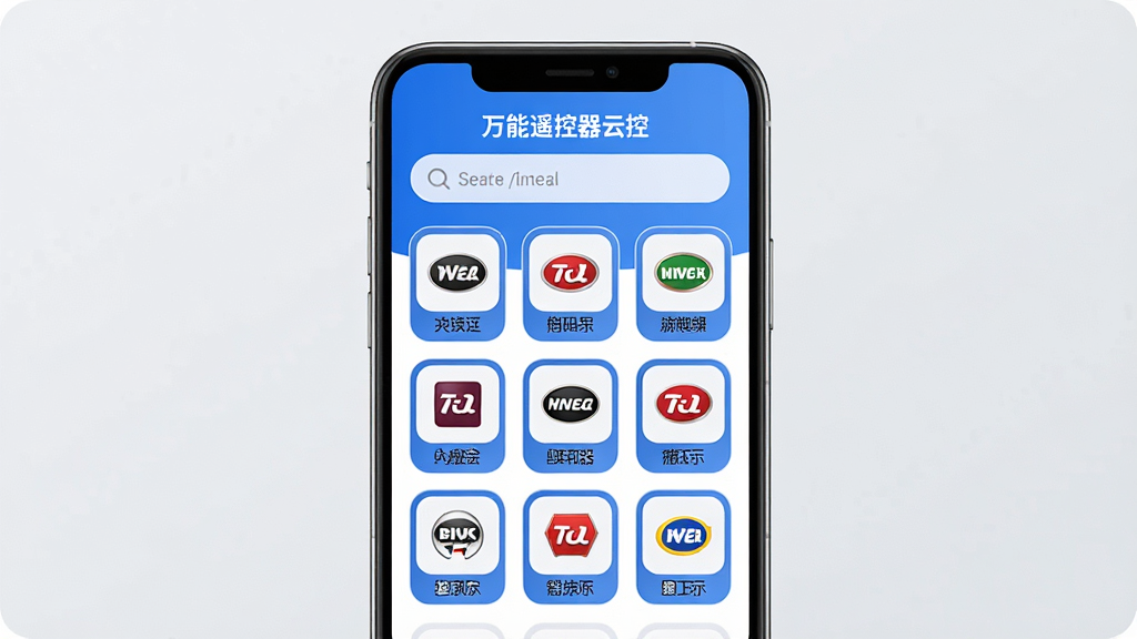 主体:手机屏幕展示“万能遥控器云控”的码库匹配界面,显示多个家电品牌Logo。布局:手机居中,屏幕上方搜索框,下方排列品牌图标。排版:列表式,品牌图标带圆角边框。风格:科技感,蓝白主色调,背景为淡灰色。细节:图标清晰,文字标注品牌名称。画质:高清,干净,无多余元素。