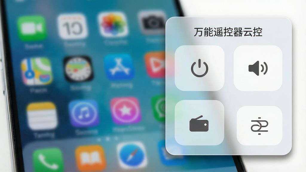 主体:手机界面显示“万能遥控器云控”的悬浮窗控制面板,背景为手机主屏幕。布局:悬浮窗位于屏幕右侧,半透明背景,面板上排列着电源、音量、切换等按键。排版:按键排列整齐,图标清晰。风格:简洁明快,浅色系。细节:悬浮窗边缘有微小的投影,体现立体感。画质:高清,干净,无多余元素。