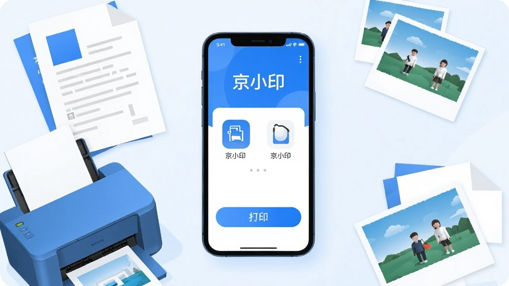 主体:智能手机屏幕展示京小印应用界面,周围有打印机、文档、照片等元素环绕。布局:手机居中,打印机在左下角,文档和照片散落周围。排版:清晰有序,突出应用核心功能图标。风格:现代扁平化,明亮背景,蓝色主色调。细节:应用界面上显示“京小印”字样和打印按钮。画质:高清,干净,无多余元素。