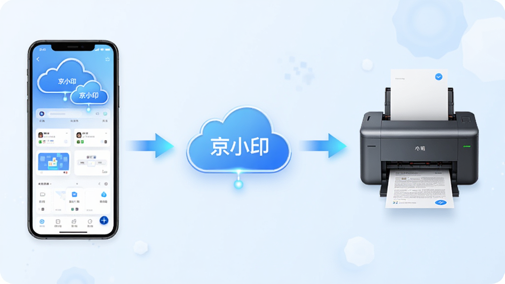 主体:京小印应用云打印功能界面,手机连接云端,数据流向打印机。布局:左侧手机,中间云端图标,右侧打印机,三者在同一水平线。排版:流程清晰,箭头指示。风格:科技感,淡蓝色背景。细节:云端图标带有“京小印”字样,打印机正在输出纸张。画质:高清,干净,无多余元素。