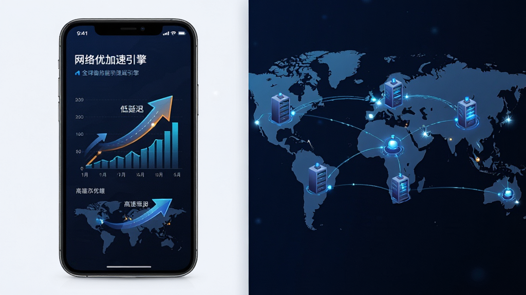 能联全球智能加速引擎的功能示意图,主体为手机屏幕中显示网络优化数据图表,背景为全球服务器节点分布图,布局采用左右分栏展示,排版简洁明快,风格为科技感数据可视化,细节突出低延迟与高速传输的箭头标识,画质高清干净,无多余元素
