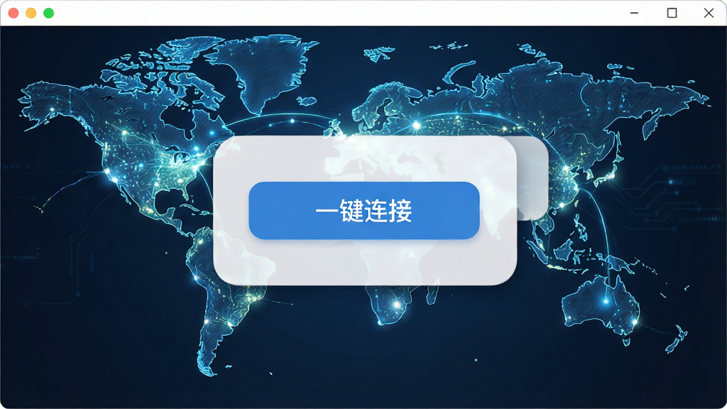一张能联全球软件主界面的高清截图,界面显示简洁的连接按钮,背景为世界地图线条光效,主体居中,布局清爽,排版现代科技感,风格为扁平化UI设计展示,细节突出“一键连接”按钮,画质高清干净,无多余元素