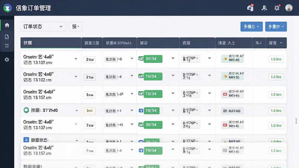 象订单管理界面展示,多笔订单状态清晰排列,数据字段完整,界面清爽,风格商务直观,细节丰富,画质高清,无多余元素