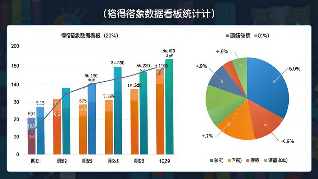 象数据看板统计图表展示,柱状图与饼图结合,色彩鲜明,数据标签清晰,风格商务专业,排版整洁,画质高清,无多余元素