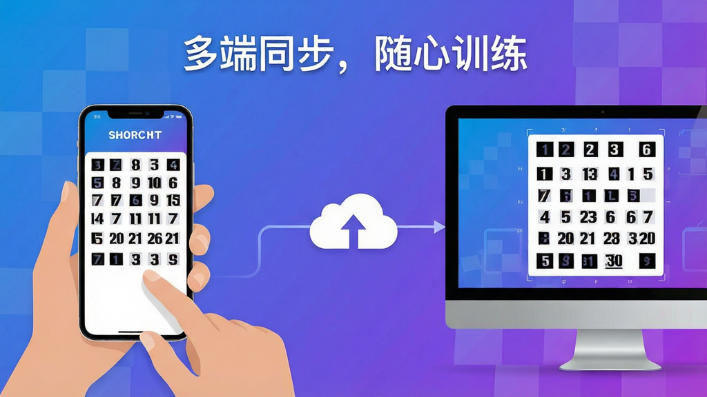 主体:舒尔特方格训练应用在手机与电脑上的使用场景对比图,左侧为手机握持操作,右侧为电脑屏幕显示方格界面,两者通过云同步连接。布局:左右对称构图,中间以云图标连接,背景为渐变色。排版:上方有文字“多端同步,随心训练”,字体简洁。风格:科技感扁平风,颜色蓝紫渐变。细节:屏幕中数字方格清晰可见,画质高清,干净无多余元素。
