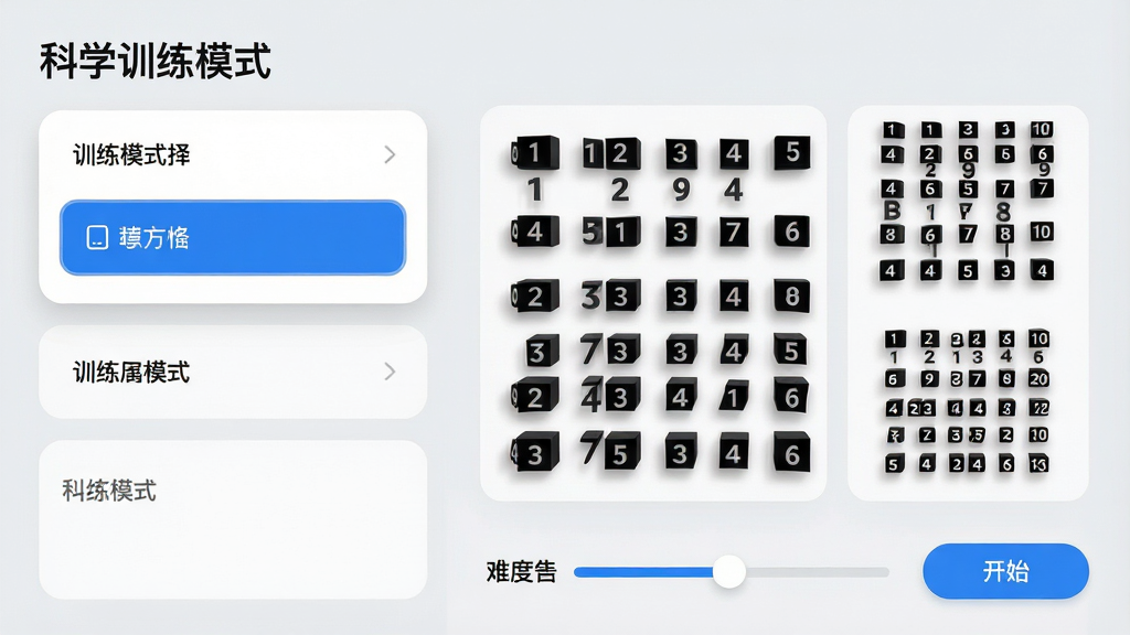 主体:舒尔特方格训练应用的科学训练模式界面,屏幕左侧为训练模式选择菜单,右侧展示不同尺寸的方格预览,底部有难度调节滑块与开始按钮。布局:采用左右分栏设计,信息排列有序,操作区域清晰可见。排版:界面顶部有“科学训练模式”标题,下方以卡片形式展示各类模式,文字标签清晰。风格:简约商务风,背景浅灰,卡片白色带圆角,蓝色高亮选中项。细节:数字方格立体感强,阴影自然,界面干净,画质高清,无多余元素。