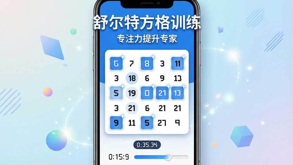 主体:舒尔特方格训练应用界面,一个整洁的手机屏幕中央显示5x5数字方格,数字随机排列,部分数字已被高亮标记,屏幕底部有计时器与进度条,整体风格现代简洁。布局:手机居中,背景为柔和的渐变色,周围点缀轻盈的几何图形与光效,突出应用主体。排版:主标题文字“舒尔特方格训练”置于手机上方,字体清晰醒目,副标题“专注力提升专家”位于下方,整体信息层级分明。风格:扁平化结合轻微拟物,色彩明快,以蓝白为主色调,传递专业与信赖感。细节:数字方格边缘有细闪效果,计时器数字清晰,界面阴影自然,画质高清,干净无多余元素。