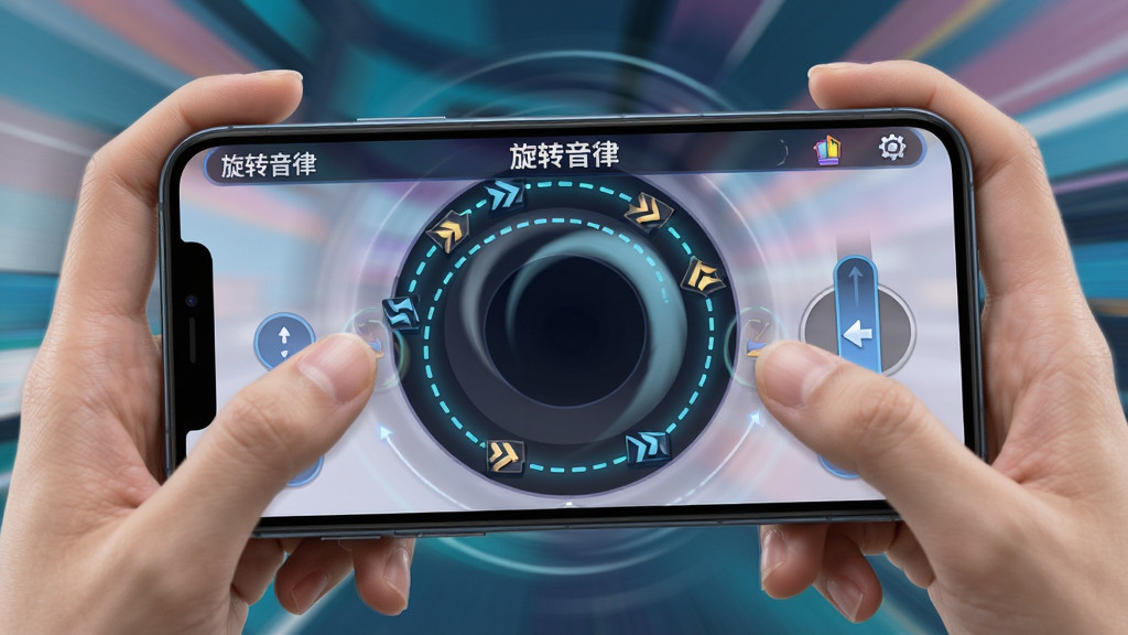 主体:旋转音律的游戏实际试玩画面,一只手握着手机进行旋转操作,屏幕中显现出旋转路径与音符轨迹。布局:屏幕中展示出圆形旋转区域,音符沿圆弧方向运动,左手与右手分别控制屏幕两侧的点击与滑动。排版:画面主体为游戏画面,周围适当留白,突出操作方式。风格:写实与二次元结合,手指动作清晰,背景为动态模糊效果。细节:手机屏幕上有“旋转音律”字样,音符带有方向箭头,旋转路径用浅蓝色虚线标出,画面动感十足。画质:高清渲染,画面干净无多余元素,适合用于教程说明。
