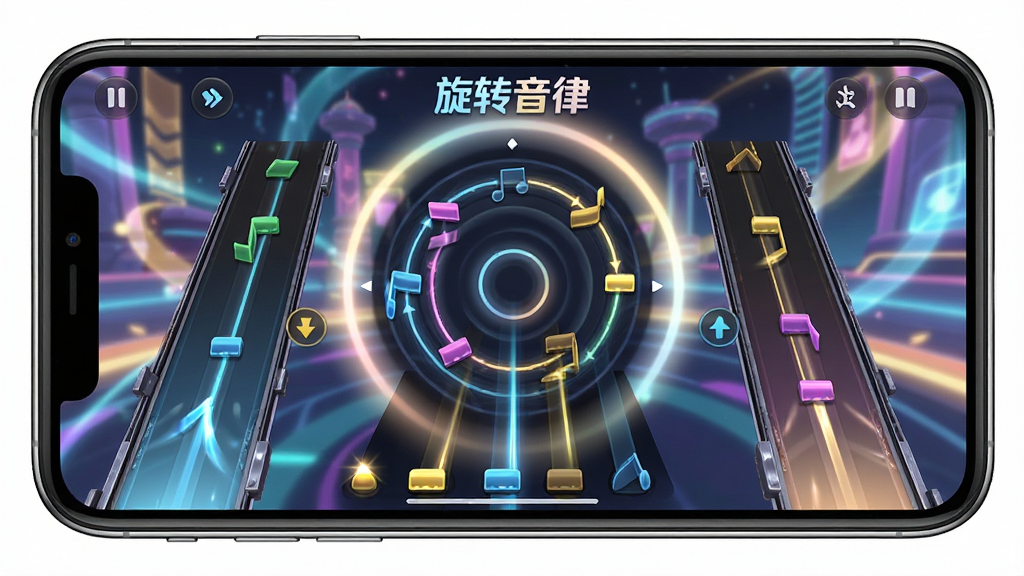 主体:旋转音律游戏运行中,手机横屏显示游戏画面,背景为绚丽的动态特效。布局:游戏界面中央为旋转区域,两侧轨道清晰,底部有音符下落。排版:画面均衡,突出游戏操作界面,周围有柔和的光晕。风格:写实风格,模拟真实手机屏幕效果,背景为游戏场景。细节:手机屏幕上显示“旋转音律”游戏标题,画面中音符与旋转线清晰,光效流畅。画质:高清渲染,画面干净无多余元素,适合作为运行效果图。