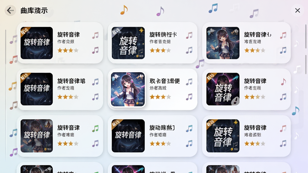 主体:旋转音律的曲库选择界面,展示多张歌曲封面缩略图,排列整齐,高亮显示一首联动热门歌曲。布局:上下滑动浏览曲目列表,左侧为歌曲封面,右侧为歌名、作者与难度星级。排版:采用三列瀑布流布局,封面图为正方形,标题文字清晰。风格:时尚简约,背景为浅色渐变,卡片带有圆角与阴影。细节:封面图上有“旋转音律”字样,部分封面带有“联动”角标,音符图标点缀其间。画质:高清渲染,画面干净无多余元素,适合用于曲库展示。