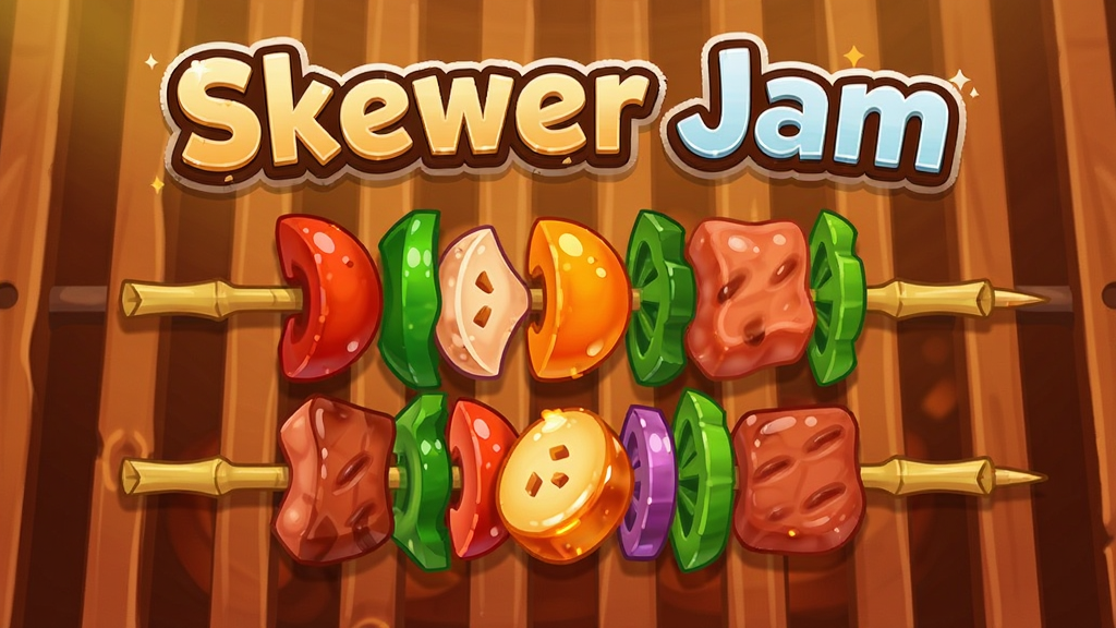 画面中央展示色彩鲜艳的卡通烤串,上方漂浮着“Skewer Jam”艺术字标题,背景为温暖木质烤架与柔光,主体烤串由多种蔬果肉类整齐排列,布局居中,排版清爽,采用扁平化游戏宣传图风格,细节包括竹签纹理与食物光泽,画质高清干净无多余元素。