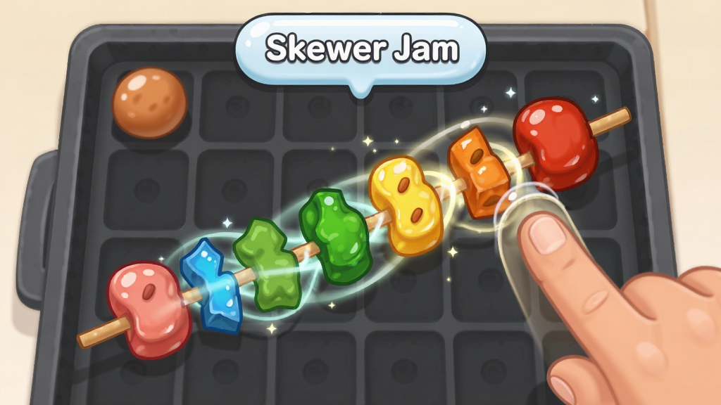 游戏界面特写,手指滑动连接同色食物形成长串,屏幕上显示“Skewer Jam”分数气泡,布局以烤盘为棋盘,排版简洁,风格卡通明亮,细节突出食物高光与串连轨迹特效,画质干净无多余元素。
