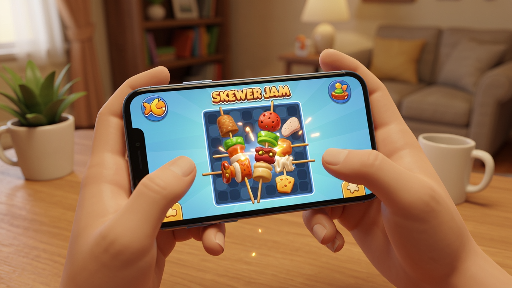 玩家手持手机游玩《Skewer Jam》,屏幕显示串烧消除特效,桌面整洁,背景为温馨室内环境,布局为第三人称视角,排版自然,风格写实卡通,细节包括手机屏幕高光与手指动作,画质清晰干净无多余元素。