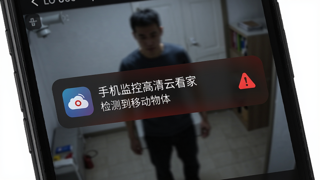 手机屏幕上弹出报警通知横幅,背景是监控画面中一个模糊的人影,通知栏显示“手机监控高清云看家”图标及“检测到移动物体”字样,画面采用深色UI风格,红色警示元素突出,布局紧凑,细节丰富,画质干净无多余元素