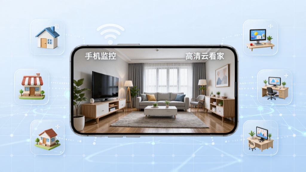 画面中央是一部大屏智能手机,屏幕中清晰展示着客厅的实时监控画面,画面边缘有“手机监控高清云看家”字样,手机周围悬浮着家、店铺、办公室等小型场景图标,背景是柔和的淡蓝色科技网格,整体风格简洁明亮,突显远程连接与智能安防主题,细节丰富,画质干净无多余元素