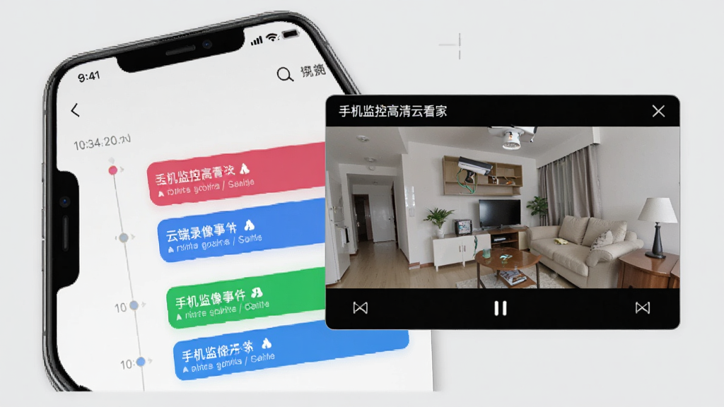 手机APP界面展示云端录像列表,以时间轴形式排列,不同颜色标记事件,点击某段录像后放大播放窗口,画面左上角有“手机监控高清云看家”字样,背景为浅灰色,风格简洁,布局清晰,细节丰富,画质干净无多余元素