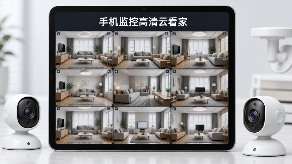 平板电脑屏幕展示九宫格监控画面,每个格子显示不同房间的实时图像,画面中央顶部有“手机监控高清云看家”标题,平板旁散落着摄像头模型,风格科技感十足,布局整齐,细节丰富,画质干净无多余元素
