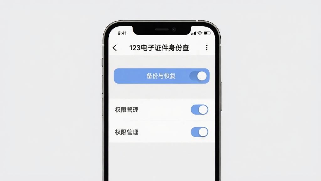 主体为手机截图界面,展示“123电子证件身份查”设置页面,包含备份与恢复按钮、权限管理选项,背景为浅灰纯色,排版有序,扁平风格,细节有滑块开关图标,画质干净。