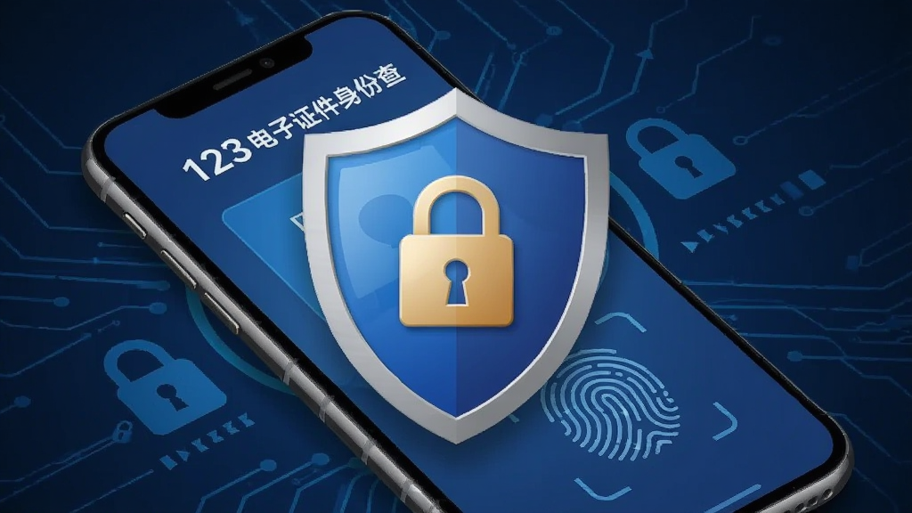 画面主体为一个盾牌图标叠加在手机屏幕之上,屏幕内显示“123电子证件身份查”加密界面,背景为深蓝色科技纹理,布局有锁形图示与指纹图案,整体风格写实结合扁平,细节强调安全元素,画质清晰,无杂乱元素。