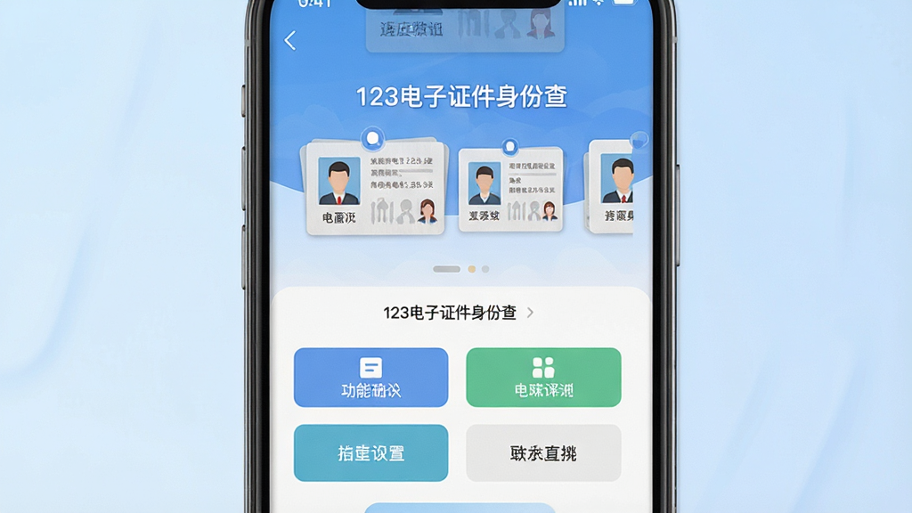 主体为一部智能手机屏幕占据画面中心,屏幕内清晰显示“123电子证件身份查”App主界面,界面上方有证件卡片陈列,中部为功能按钮排列,背景为淡蓝色渐变,整体布局简洁,扁平化设计风格,细节包括证件图标和文字标签,画质高清,干净无多余元素。