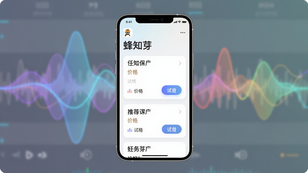 主体:蜂知芽APP的任务推荐界面截图概念图,手机屏幕显示“蜂知芽”和推荐任务卡片。布局:手机直立,背景有模糊的音频波形。排版:卡片式布局,每个卡片显示任务名称、价格和试音按钮。风格:科技感与柔和结合。细节:波形图用彩色渐变线条,界面元素清晰。画质:高清,干净,无多余元素。