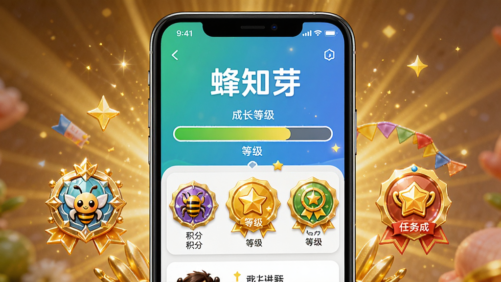 主体:蜂知芽APP的成长体系页面,手机屏幕上显示“蜂知芽”和成长等级进度条。布局:手机居中,界面展示积分、等级和任务成就徽章。排版:图文结合,色彩丰富。风格:激励向上风格。细节:徽章设计精致,背景有金色光效。画质:高清,干净,无多余元素。