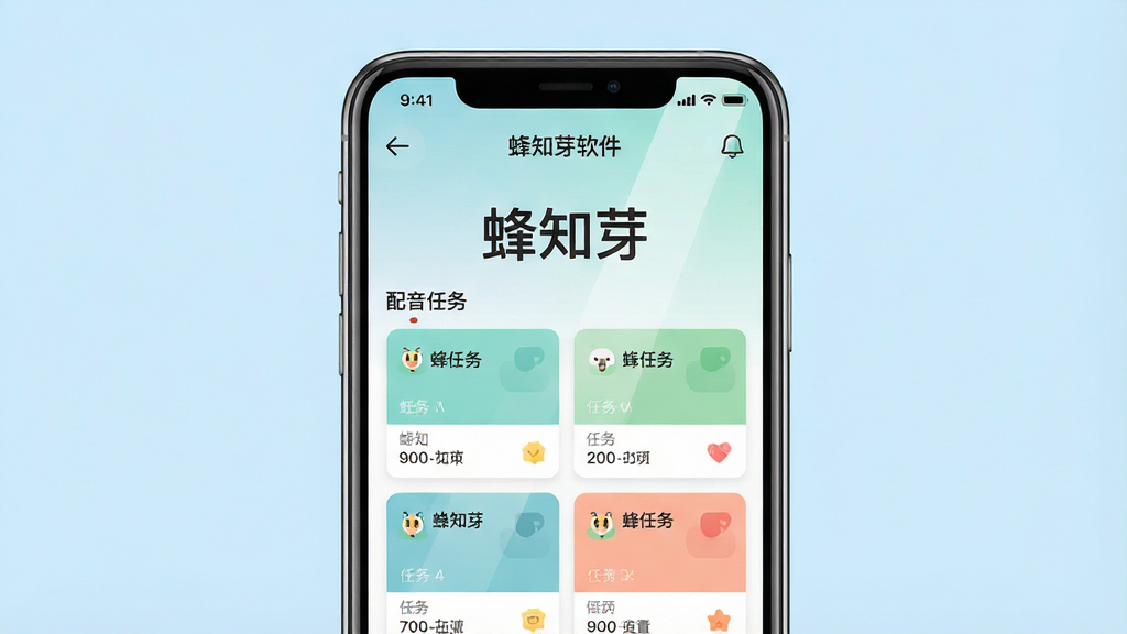 主体:蜂知芽软件主界面展示,智能手机屏幕中清晰显示“蜂知芽”三个字及配音任务列表。布局:手机居中,界面简洁,上方为APP名称和导航栏,下方排列多个任务卡片。排版:干净清晰,无多余文字。风格:现代扁平化设计,色彩明亮柔和。细节:屏幕反光自然,背景为淡蓝色渐变。画质:高清,干净,无多余元素。