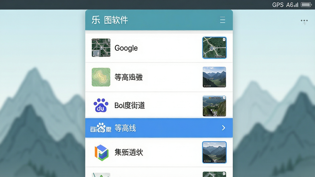 主体:乐图软件的地图源选择界面,列表展示谷歌卫星、等高线、百度街道等选项,其中“等高线”选项被高亮选中。布局:界面截图居中展示,左右有轻微模糊的装饰性山体轮廓。排版:列表条理清晰,图标与文字对齐。风格:简洁的扁平化UI设计风格,色彩清新。细节:每个图源名称旁有缩略预览小窗,屏幕顶部状态栏显示GPS信号强度。画质:高清细腻,干净,无多余元素。