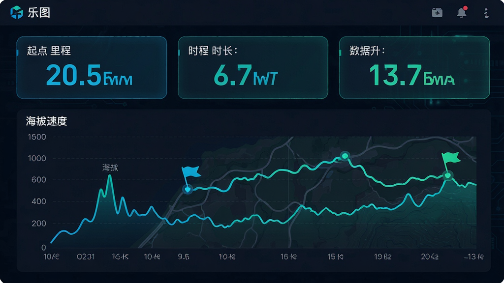 主体:乐图软件的数据统计页面,展示一次徒步活动的轨迹总览,包含里程、时长、爬升数据卡片,下方是海拔与速度的折线图。布局:数据卡片横向排列在顶部,图表占据页面下半部分。排版:数字字体大而清晰,图表坐标轴标签完整。风格:深色背景搭配蓝绿色数据元素,科技感十足。细节:轨迹地图上标注了起点与终点的旗帜图标。画质:4K高清,干净,无多余元素。