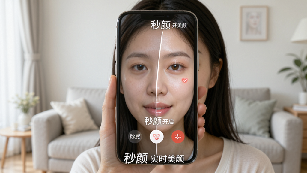 主体:一位年轻女性手持手机进行视频通话,屏幕中她的面部显示“秒颜”美颜效果对比示意。布局:左半边是未开启美颜的素颜状态,右半边是开启“秒颜”后的效果,中间用一条白色分割线隔开。排版:画面下方有“秒颜”logo和“实时美颜”文字标注。风格:写实生活风,明亮自然光,背景是简洁的室内客厅。细节:右侧面孔皮肤光滑细腻,五官立体,眼神有神,左侧相对平淡,形成鲜明对比。画质清晰,干净无多余元素
