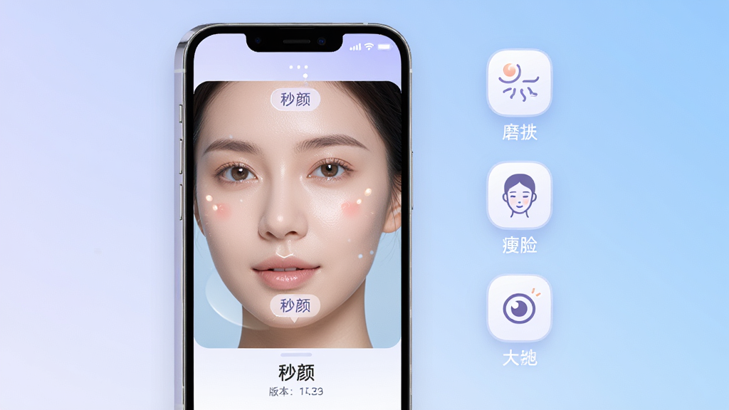 主体:手机屏幕展示“秒颜”应用界面,屏幕中央是一张高清人像,面部有明显的美颜效果提示。布局:手机位于画面中心偏左,右侧悬浮着几个功能图标,如磨皮、瘦脸、大眼,每个图标下方有中文字样。排版:图标纵向排列,屏幕下方有“秒颜”字样和版本号。风格:现代科技感,配色以淡紫色和白色为主,光线柔和。细节:人脸皮肤细腻无瑕,眼神明亮,背景为干净的渐变蓝色,整体画面清晰,画质干净无多余元素