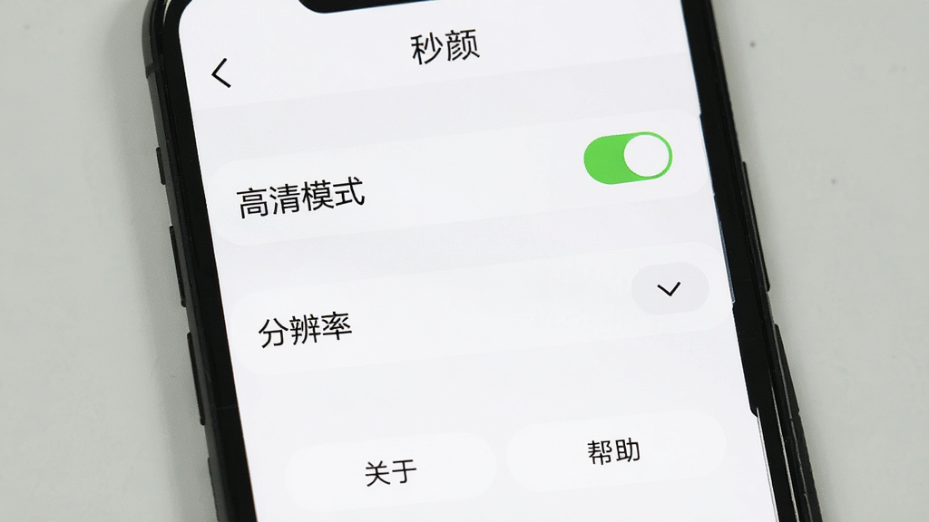 主体:手机屏幕显示“秒颜”的设置界面,有“高清模式”、“分辨率”等选项。布局:屏幕中央是设置列表,下方有“关于”和“帮助”按钮。排版:列表清晰,每项右侧有开关或下拉菜单。风格:简洁实用,白色背景,黑色文字。细节:界面中“高清模式”开关处于开启状态,屏幕顶部有“秒颜”字样。画质干净,无多余元素