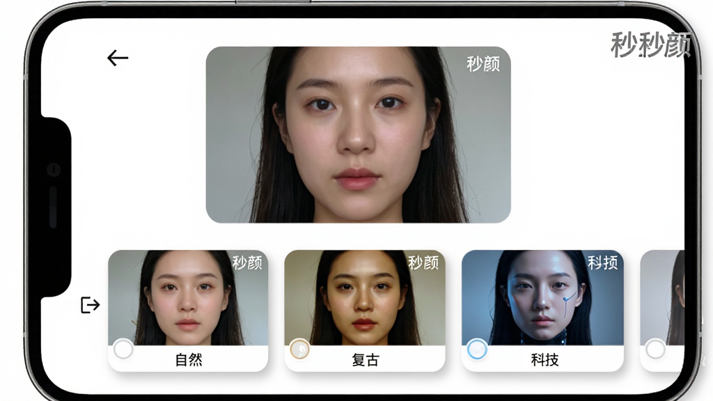 主体:手机界面展示“秒颜”的滤镜选择页面,横向排列多个滤镜卡片。布局:屏幕上方是实时预览窗口,显示人脸,下方是滤镜列表,每张卡片上标有滤镜名称如“自然”、“复古”、“科技”。排版:卡片式横滑设计,右上角有“秒颜”水印。风格:简洁时尚,背景为白色,卡片圆角带阴影。细节:预览窗口的人脸随着切换滤镜而变化色调,画面清晰,色彩饱满。画质干净,无多余元素