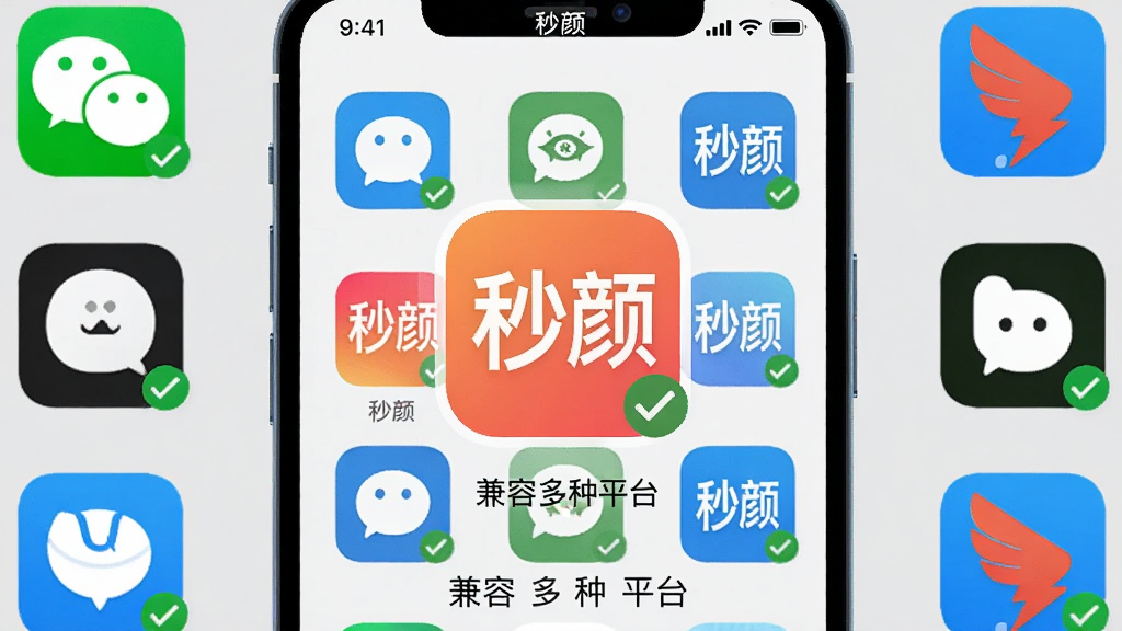 主体:“秒颜”应用运行在手机桌面上,周围环绕着微信、QQ、钉钉等图标,表示兼容性。布局:手机屏幕位于画面中央,应用图标以网格排列,“秒颜”图标被高亮放大,其余图标缩小围绕。排版:图标下方有“兼容多种平台”字样。风格:扁平化插画风格,色彩明快,背景浅灰色。细节:每个图标都带有小对勾标记,表示已连接,手机屏幕上方有“秒颜”状态栏。画质干净,无多余元素