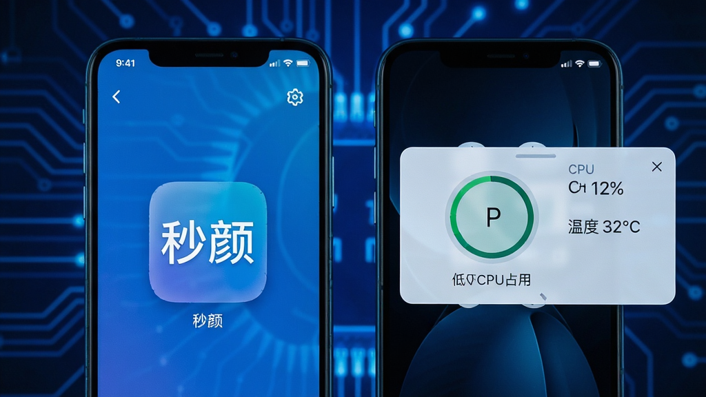 主体:两部手机并排放置,左手机显示“秒颜”运行中,右手机显示系统监控浮窗,显示低CPU占用。布局:画面中央是两部手机,背景为深蓝色科技感光效。排版:右手机浮窗上有“CPU 12%”、“温度 32°C”等小字。风格:科技感数码风,冷色调。细节:左手机界面清晰,右手机浮窗数据具体,整体画面干净整洁。画质高,无多余元素