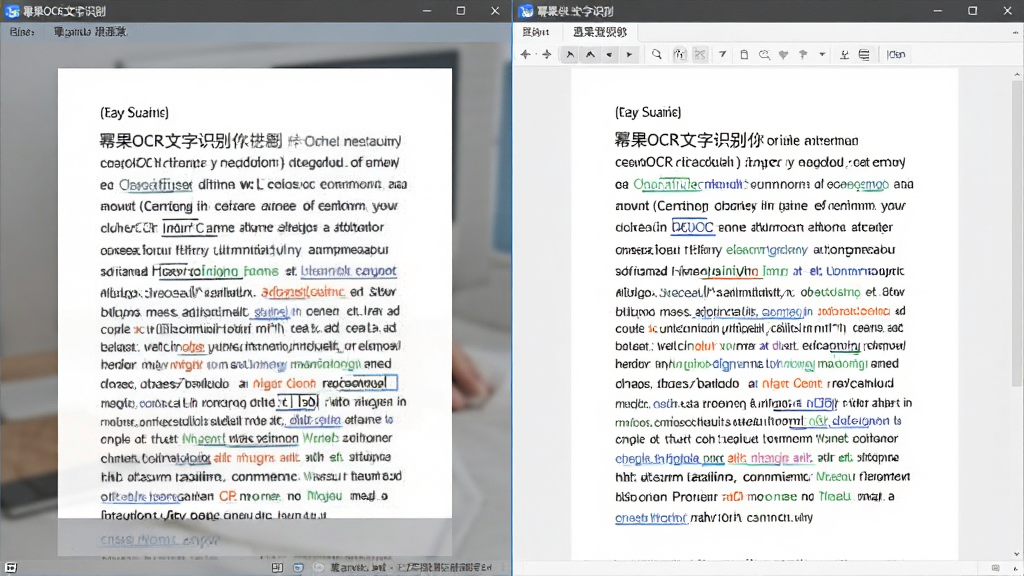 展示幂果OCR文字识别软件识别中英文混排文档的对比效果图,左侧为包含中英文的图片,右侧为识别出的准确文本,界面排版清晰,风格写实,画质细腻,无多余元素