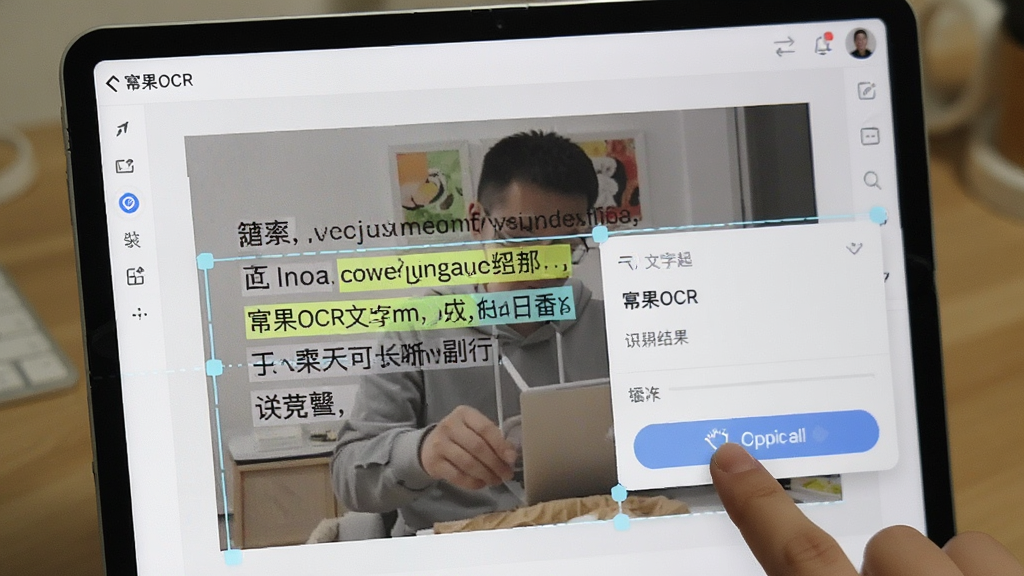 展示用户使用幂果OCR文字识别软件成功识别出图片中文字的截图,界面显示识别结果高亮,用户手指点击复制按钮,场景写实,画质清晰,风格简洁,无多余元素