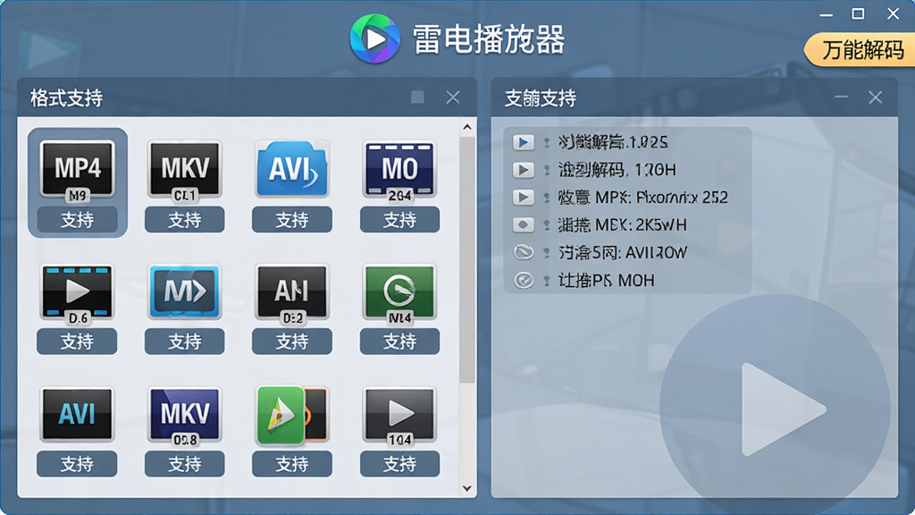 主体:雷电播放器软件的“格式支持”设置界面,左侧列出常见视频格式图标如MP4、MKV、AVI、MOV等,右侧显示当前文件详细信息;布局:左右分栏式设计,上方有软件logo,整体居中;排版:图标排列整齐,文字描述清晰;风格:扁平化与拟物结合,色调以蓝灰为主;细节:每个格式图标下方标注“支持”字样,界面右上角有“万能解码”标签;画质:高清渲染,干净,无多余元素。