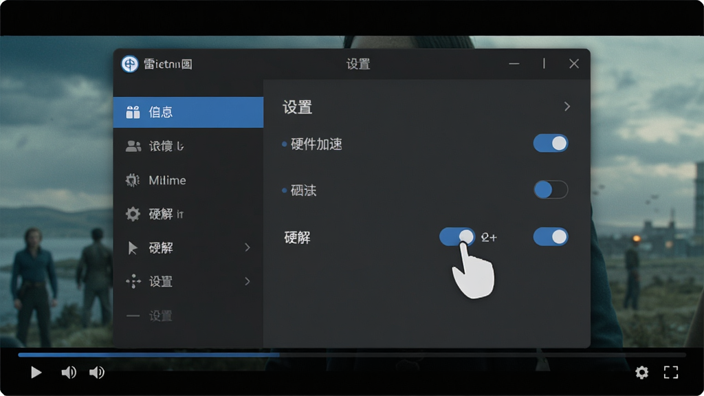 主体:雷电播放器在电脑上运行,界面显示“设置”面板,鼠标点击“硬解”开关,背景为播放中的电影画面;布局:设置窗口悬浮于播放画面上方,左侧为功能列表,右侧为开关选项;排版:界面简洁,选项整齐;风格:扁平化设计,色调深灰与蓝色点缀;细节:开关处于开启状态,旁边有“硬件加速”字样,比例清晰;画质:高清,干净,无多余元素。