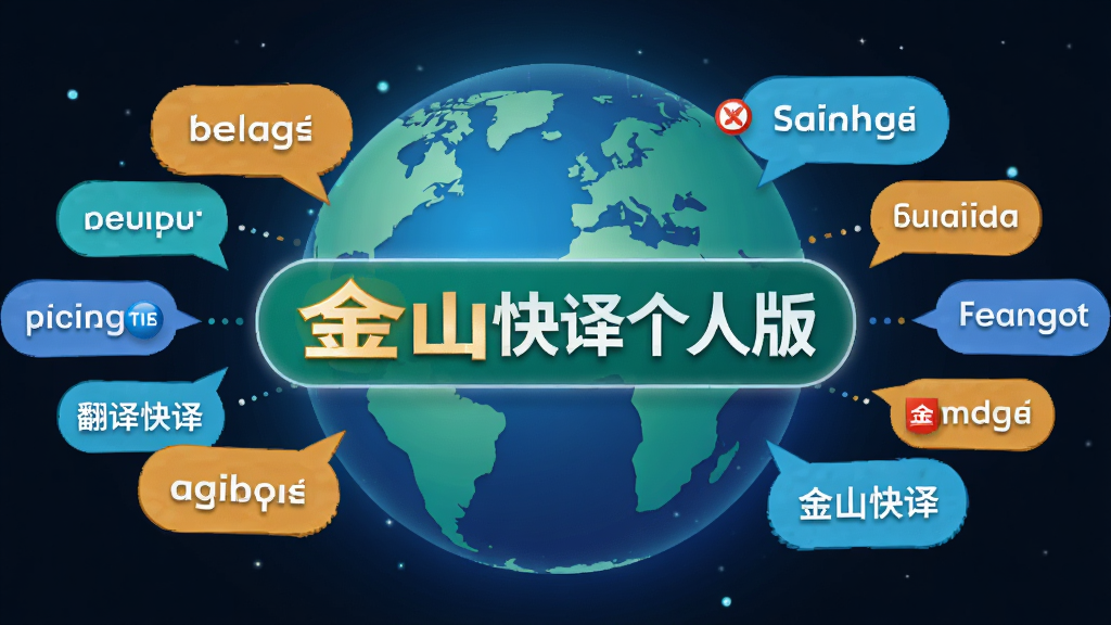 主体:金山快译个人版翻译引擎工作示意图,布局:中央是“金山快译个人版”Logo,周围环绕多语种文字气泡,排版:对称均衡,风格:科技感扁平插画,细节:地球背景,语言图标,画质:明亮干净,无多余元素