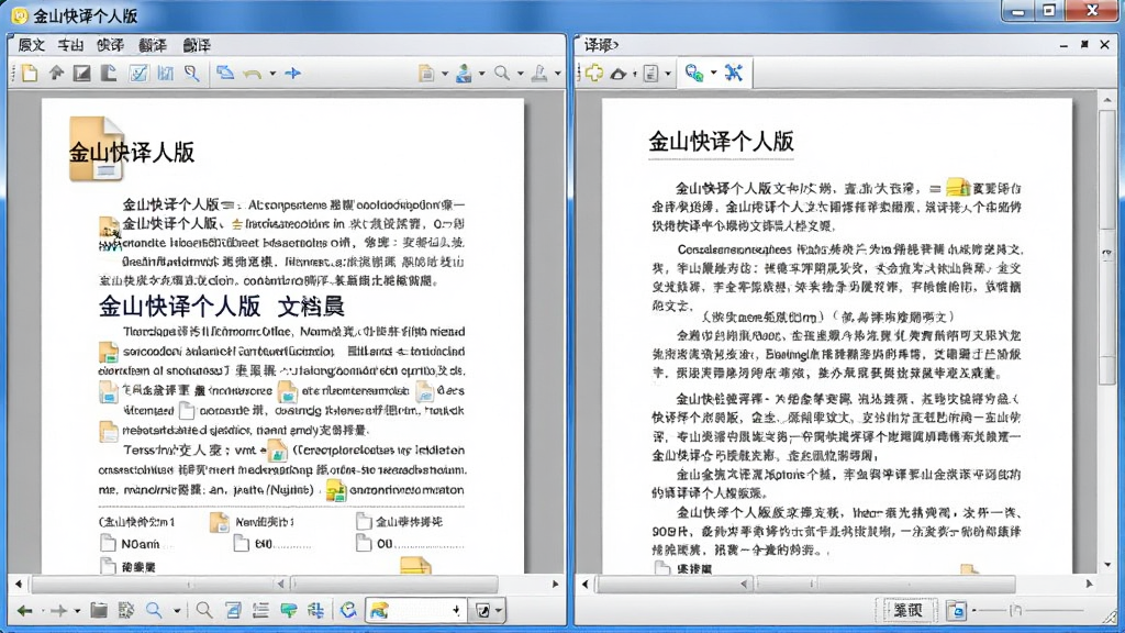 主体:金山快译个人版文档翻译界面,布局:左侧原文档,右侧译文,底部工具栏,排版:左右分栏清晰,风格:专业办公风格,细节:文件图标显示“金山快译个人版”字样,画质:高清晰度,干净整洁