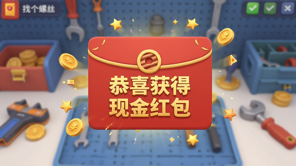 主体为《找个螺丝》游戏内红包奖励弹出界面,界面中央有一个红色大红包,红包上写着“恭喜获得现金红包”金色字样,红包周围有金币和星星特效,背景为虚化的游戏工作台场景,布局主体居中,排版聚焦红包,风格为扁平化结合3D渲染,色彩红金为主,细节包含红包封面的螺纹图案装饰,画质明亮干净,无多余元素。