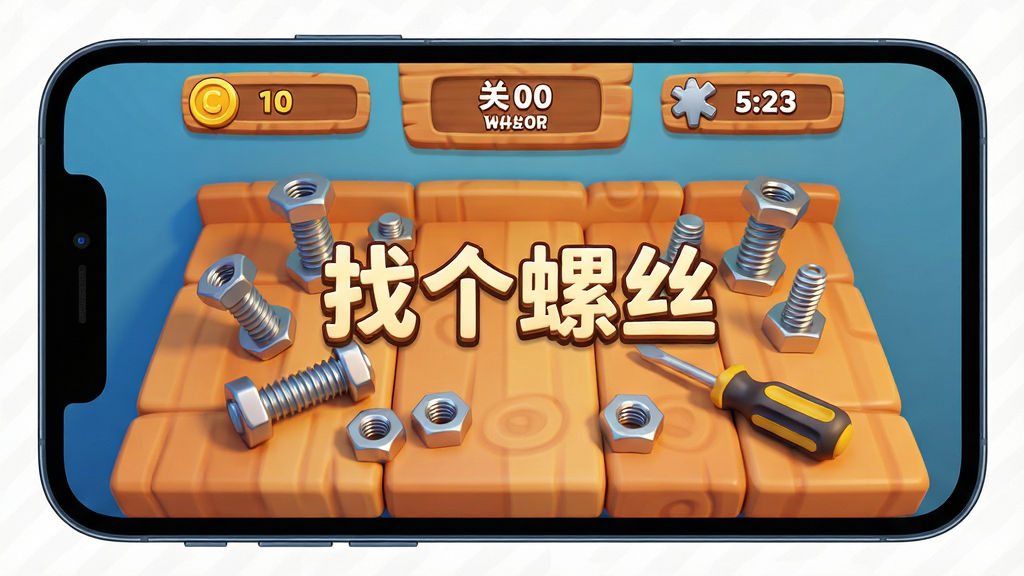 画面主体为一部智能手机屏幕特写,屏幕正中展示《找个螺丝》游戏主界面,界面中有一个木质工作台,上面散落着大小不一的螺栓、螺母和螺丝刀工具,界面顶部显示金币数量与关卡数字,整体布局居中对称,排版清爽简洁,风格为3D卡通渲染,色彩明亮温暖,金属零件带有高光质感,细节处可见螺纹纹理,画质高清细腻,干净无多余元素。