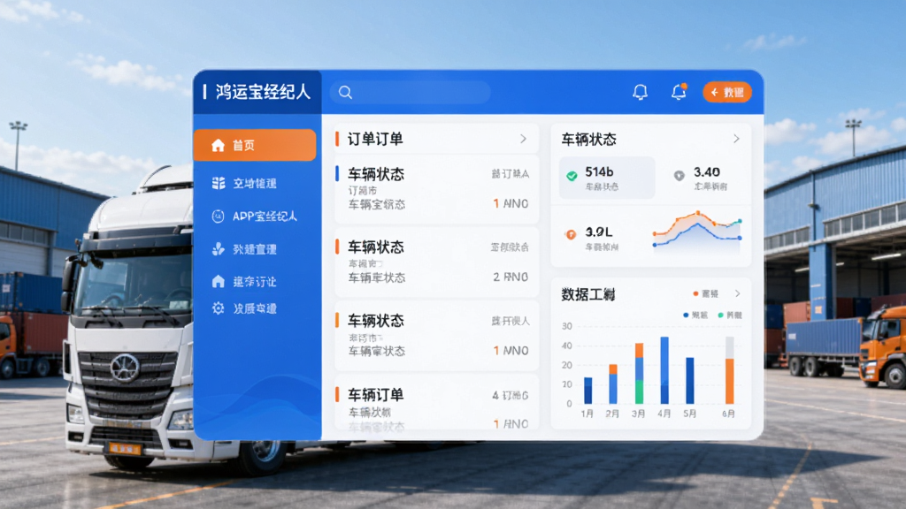 画面主体为“鸿运宝经纪人”APP界面悬浮在货运卡车与物流园背景之上,界面清晰显示订单列表、车辆状态和数据图表,整体布局采用左右结构,左侧为功能菜单,右侧为操作面板,风格现代简洁,以蓝色和橙色为主色调,画面干净无多余元素,细节丰富,画质高清。