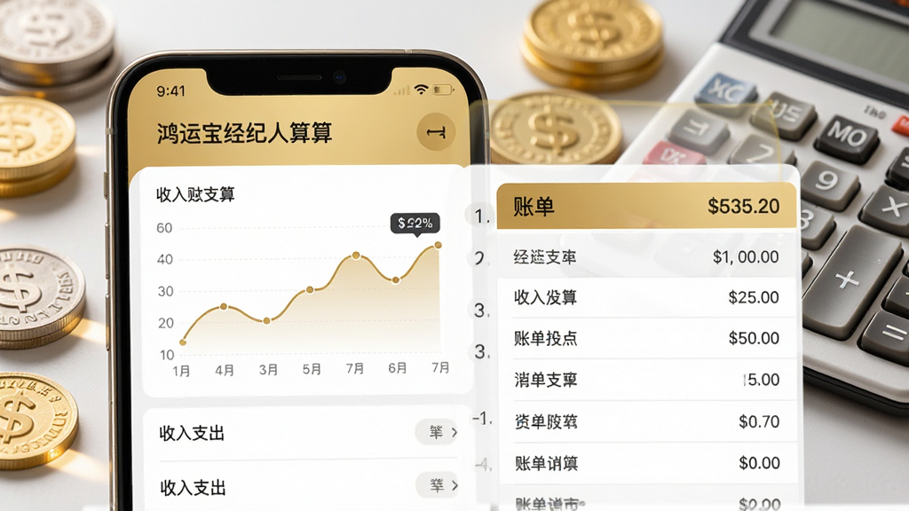 画面主体为“鸿运宝经纪人”APP的财务结算页面,显示收入支出曲线与账单明细列表,背景为钱币与计算器元素,布局采用上下结构,风格写实商务,金色与白色为主调,画面干净无多余元素,重点突出数据准确与资金安全。