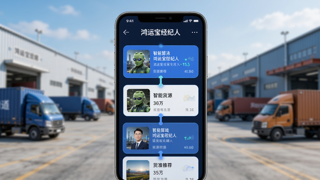图片主体为“鸿运宝经纪人”APP的货源匹配界面,屏幕上有多个货源卡片正在滑动匹配,背景为模糊的物流园区,布局采用居中特写,风格科技感十足,突出智能算法与精准推荐,画面干净无多余元素,画质高清流畅。