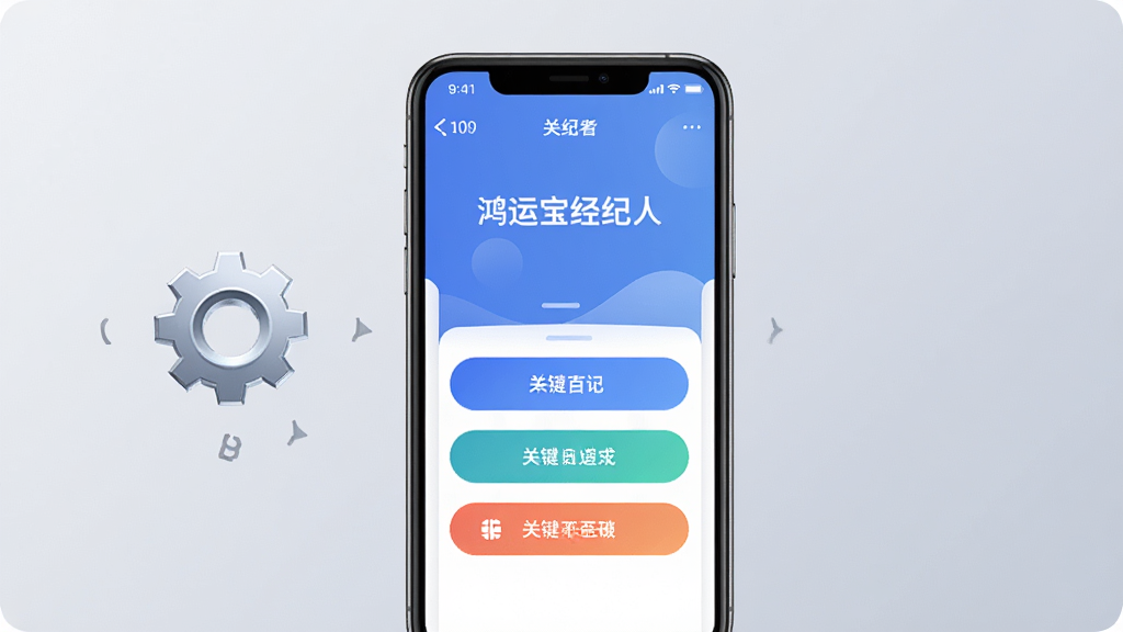 主体为手机屏幕显示“鸿运宝经纪人”应用运行画面,旁边有齿轮图标和几个关键操作按钮,背景为柔和的浅灰色渐变,布局采用手机居中正面展示,风格干净直观,细节清晰,画质高清。